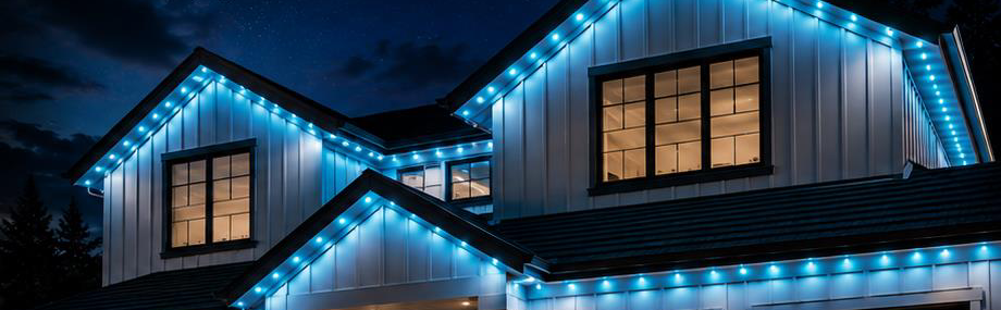 A house lit along the roofline at dusk